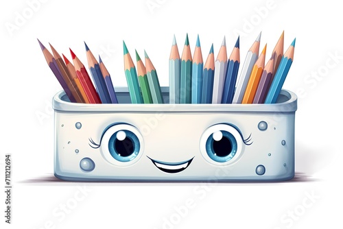 Cartoon pencil box with smiling face. Vector illustration isolated on white background. photo