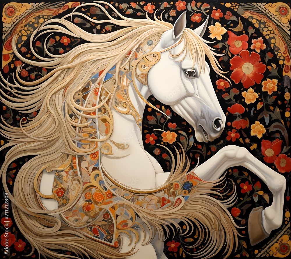 luscious painting of an elegant white horse, with accessorie and decorative background