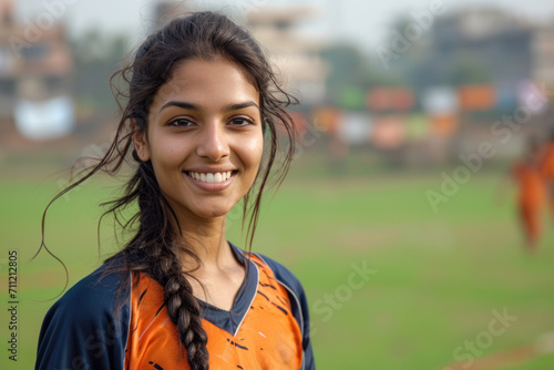 Indian woman wearing soccer player or supporter attribute uniform © Aris