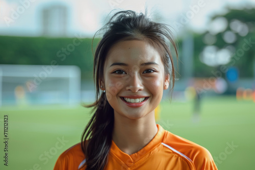 Malay woman wearing soccer player or supporter attribute uniform