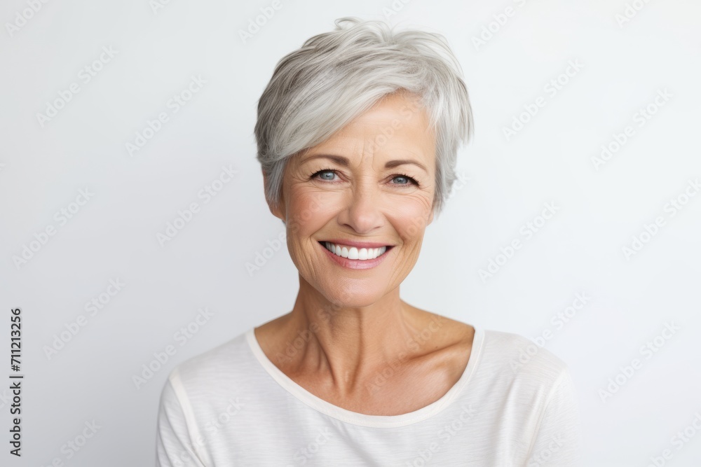 smiling senior woman with grey hair and white t-shirt on grey background smiling senior woman with grey hair and white t-shirt on grey background