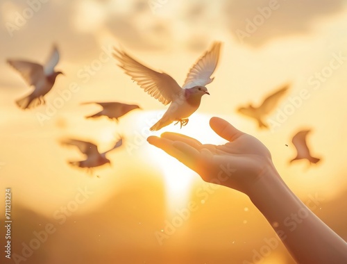 Tranquility's Embrace: A Symphony of Peace and Nature, Where Guiding Hands Release Birds to the Warm Sunlight, Captured in an Iconic Tableau of Staged Photography