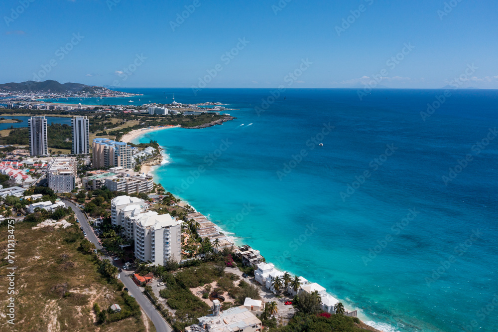 Fototapeta premium Aerial drone photos of islands in the Caribbean with blue sky and ocean
