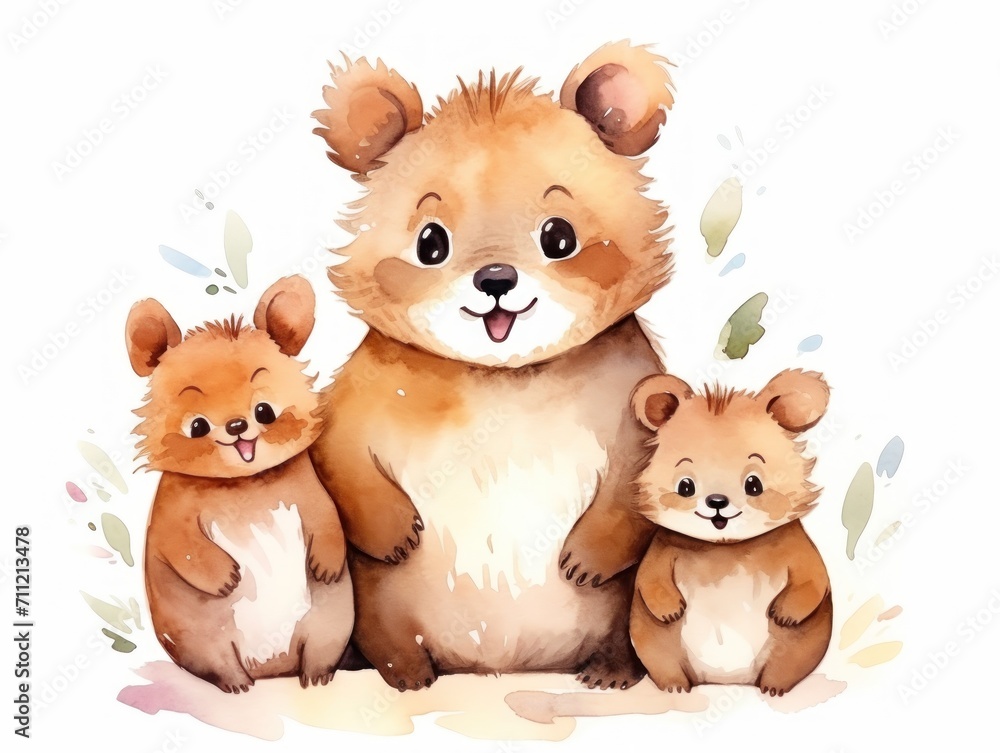 Watercolor Painting, Mother Bear With Two Cubs in a Natural Setting. Watercolor illustration. Watercolor Painting, Mother Bear With Two Cubs in a Natural Setting. Watercolor illustration.