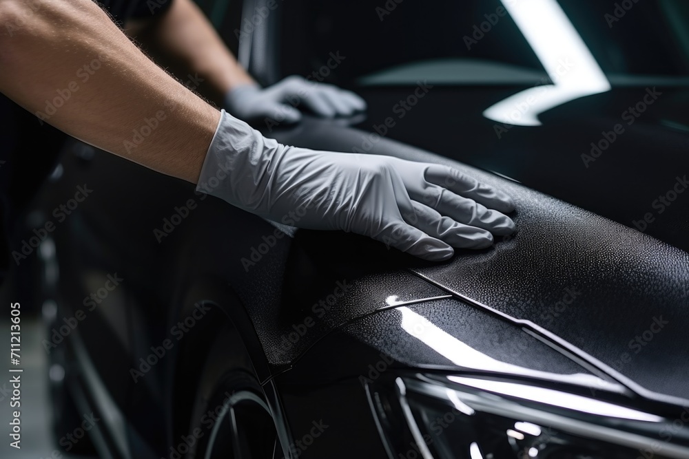 Unrecognizable man applying ceramic coating to car. Professional car detailing.