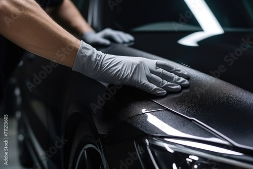 Unrecognizable man applying ceramic coating to car. Professional car detailing. © darshika