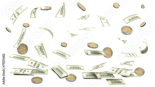 dollars euro coins falling transparent background - 3d rendering photo