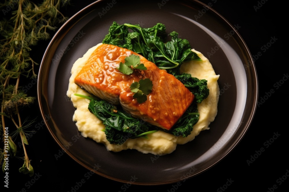 Delicious salmon with mashed potatoes and greens