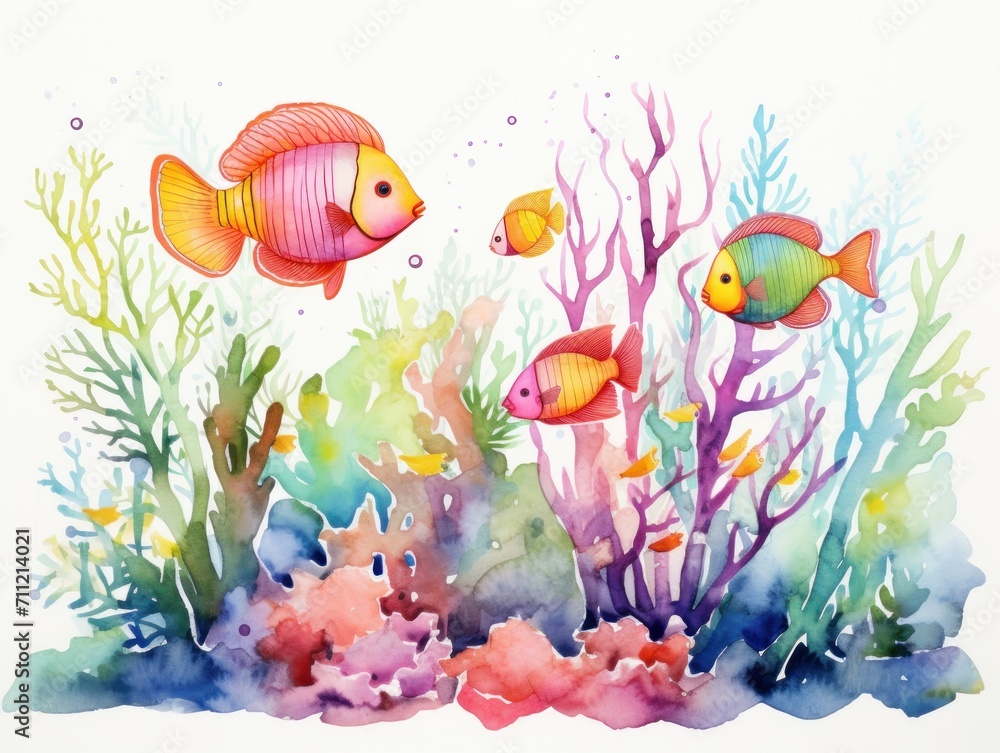 Watercolor Painting of Fish and Corals, A Colorful Underwater Scene