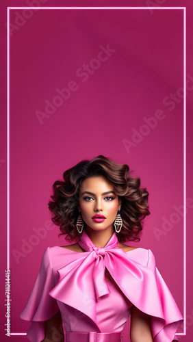 a fashion model girl in pink neon lights background.