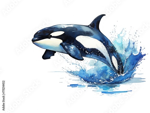 Orca Jumping Out of Water, Majestic Capture of an Impressive Marine Mammal. Watercolor illustration.