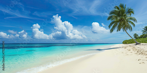 Tropical paradise beach, sand, ocean, beautiful oceans scape view horizon background, generated ai