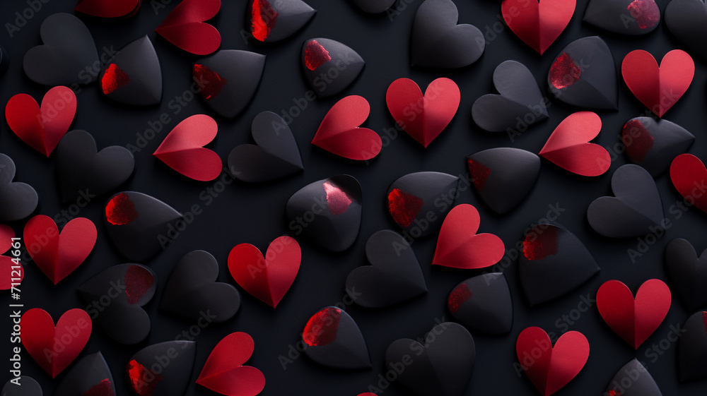 Valentine's day flat lay theme with hearts on a black background