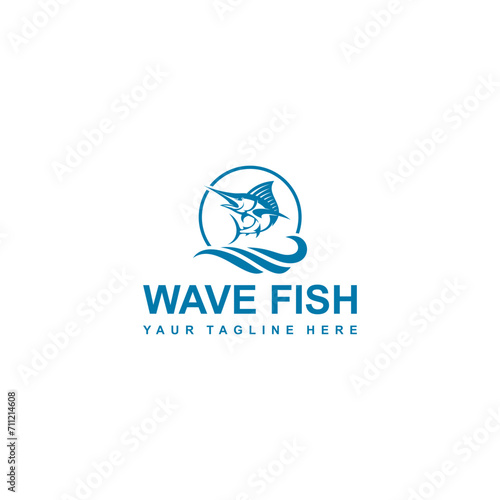 Waves and fish, Marlin Fishing, Vector Logo Template Fish and wave shape