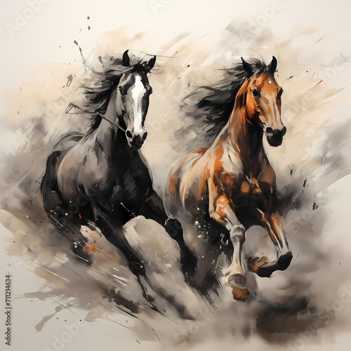 two stanging horses battling, Simple charcoal lines, smoky background, in color painting photo
