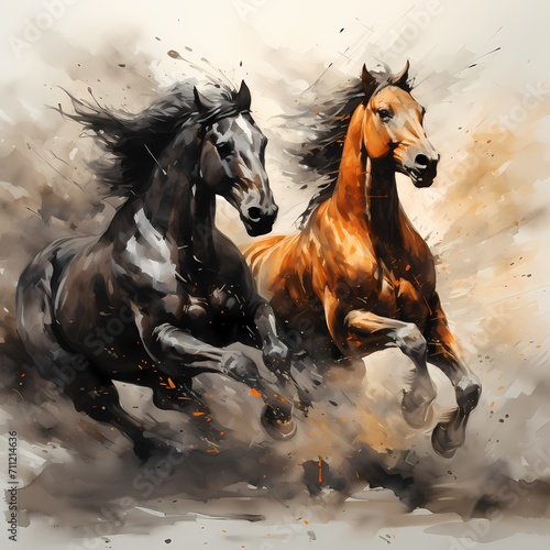 two stanging horses battling, Simple charcoal lines, smoky background, in color painting photo