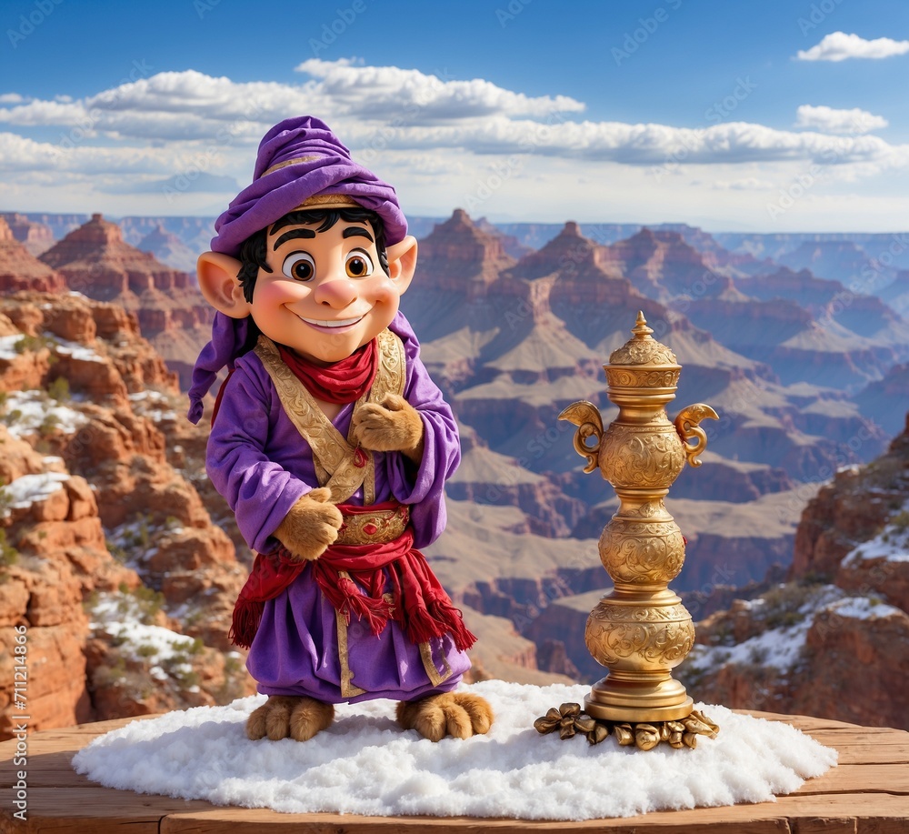 Little boy with a samovar on the background of the Grand Canyon