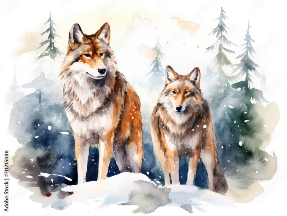 Two Wolves in Snowy Forest With Trees in Background. Watercolor illustration.
