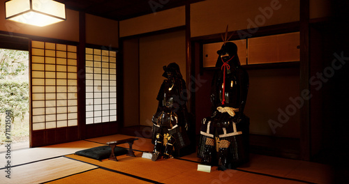 Tableau sur toile Japan, armor and warrior of samurai gear, statue or protection for tradition or culture
