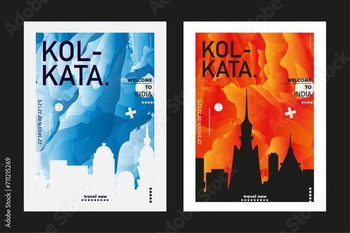 Kolkata city poster pack with abstract skyline, cityscape, landmark and attraction. India, West Bengal megacity vector illustration layout set for vertical brochure, website, flyer, presentation photo