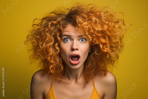 A red head woman with curly hair, shocked and surprised at her messy ginger curls on a yellow background.