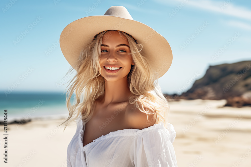 A happy and smiling blonde Australian girl on vacation on a Queensland beach wearing white and a wide brimmed hat.  
