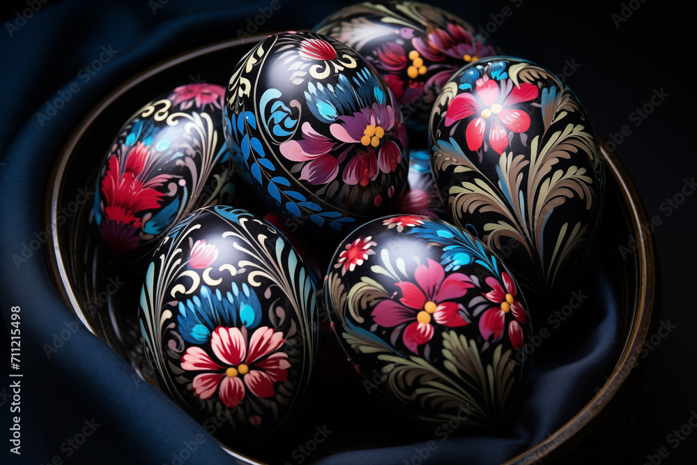 Beautiful hang painted colourful easter eggs, in a bowl against a dark background. Beautiful hang painted colourful easter eggs, in a bowl against a dark background.
