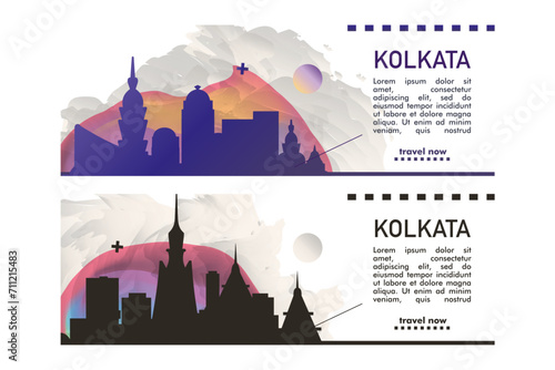 Kolkata city banner pack with skyline, cityscape, landmark. India, West Bengal capital travel vector horizontal illustration layout for brochure, website, page, presentation, header, footer photo