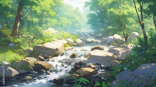 山の中を流れる小川の風景　Generative AI