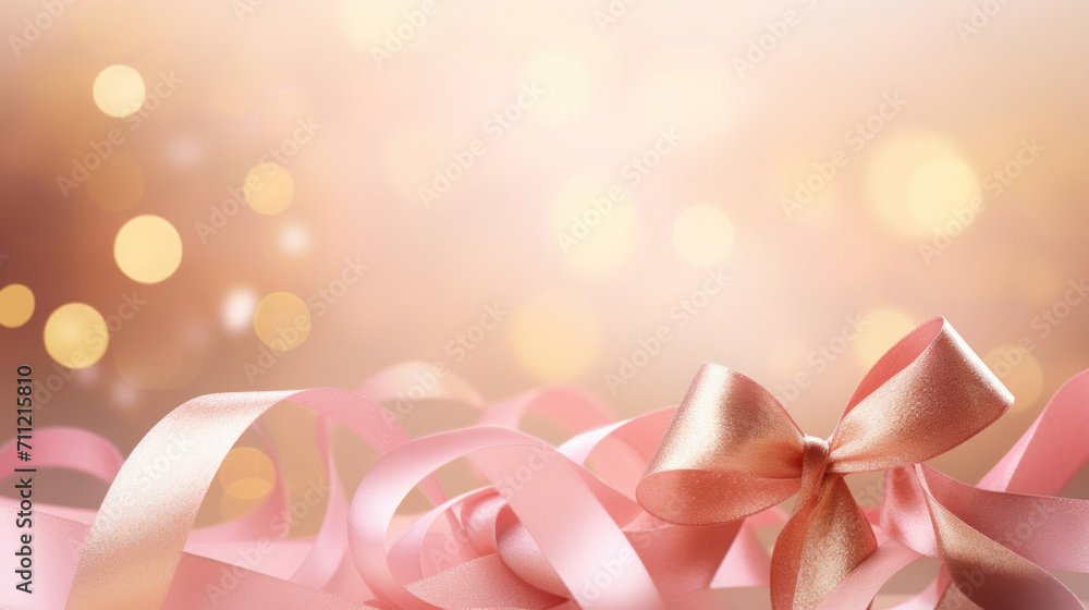 Confetti of golden and pastel pink ribbons on a golden bokeh background. Valentine's day backdrop Confetti of golden and pastel pink ribbons on a golden bokeh background. Valentine's day backdrop