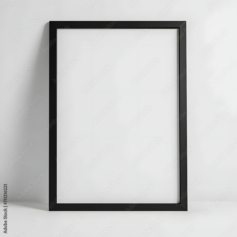 Portrait blank white picture with black frame standing on the floor, on white background for mock up, copy space. Portrait blank white picture with black frame standing on the floor, on white background for mock up, copy space.