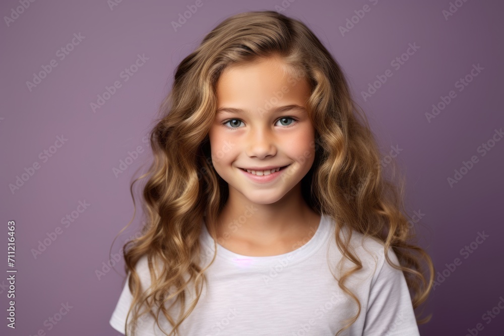 Portrait of a cute little girl with long curly hair on a purple background Portrait of a cute little girl with long curly hair on a purple background