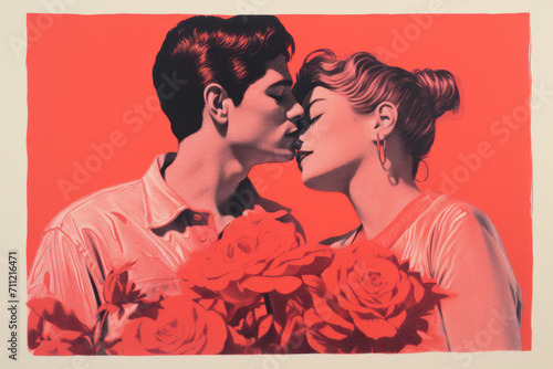 a vintage style illustration of a romantic couple in love. Valentine's concept