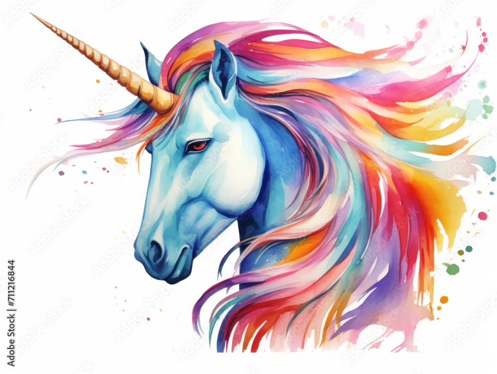 Colorful Unicorn With Long Horn. Watercolor illustration.
