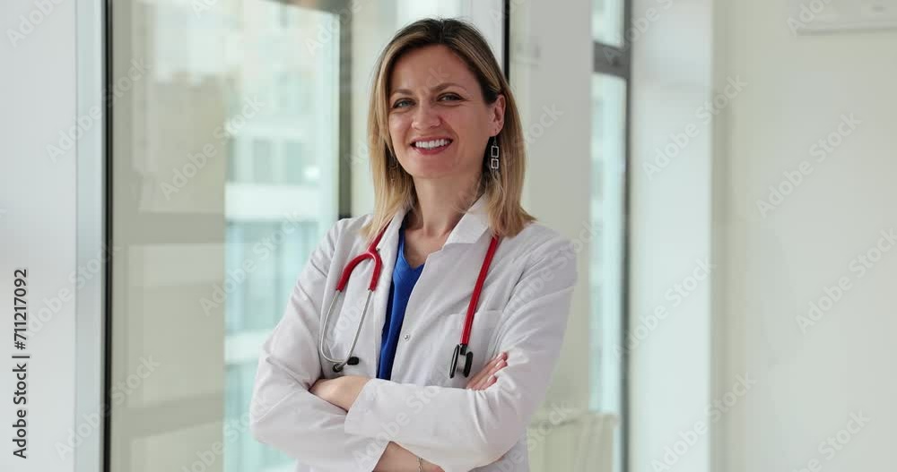 Successful female medic smiles standing near clinic window Successful female medic smiles standing near clinic window