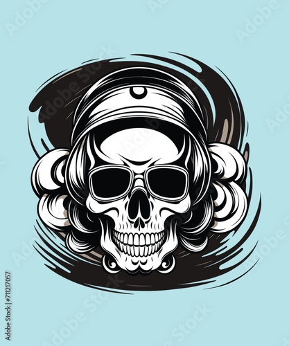 Skull with biker cap and smoking pipe. Vector illustration.