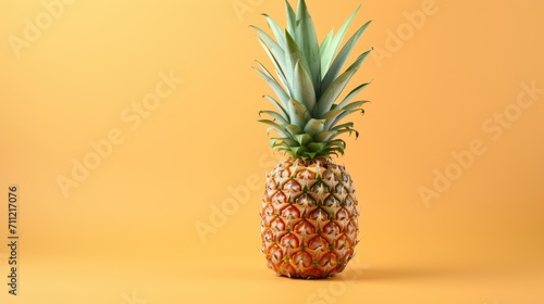 A large pineapple on a plain yellow background. Ripe fruit. The concept of rest and summer.