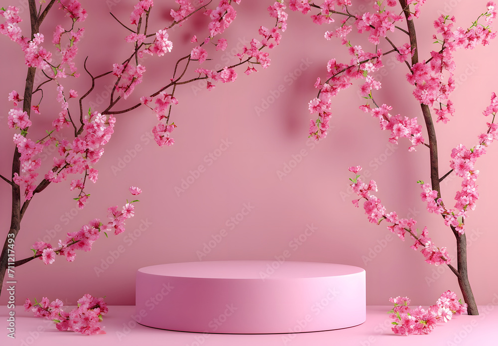 Pink podium minimal product display with Cherry blossoms on pink background, front view, Perfect platform for showing your beauty products presentation, mock up, copy space. Pink podium minimal product display with Cherry blossoms on pink background, front view, Perfect platform for showing your beauty products presentation, mock up, copy space.
