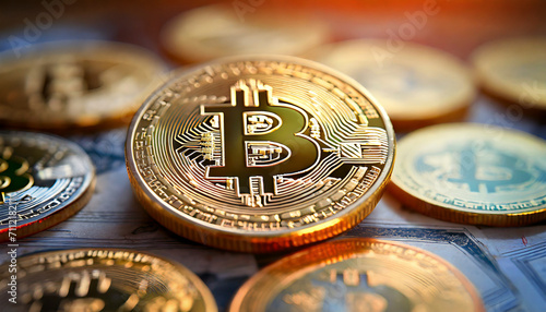 Bitcoin. Cryptocurrency. Golden coins of bitcoin selective focus background. Digital currency.