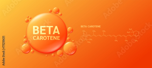 Drop water orange beta carotene and molecular structure. Fiber Prebiotics Vitamins from natural fruits vegetables. Nutrients essential for intestinal. Health care. Vector EPS10. photo