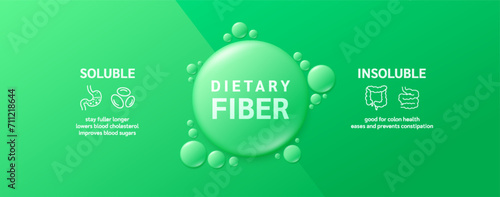 Fiber soluble vs insoluble. Dietary fiber drop water green from natural fruits vegetables. Nutrients essential for intestine. lowers cholesterol improves blood sugars prevents constipation. Vector.