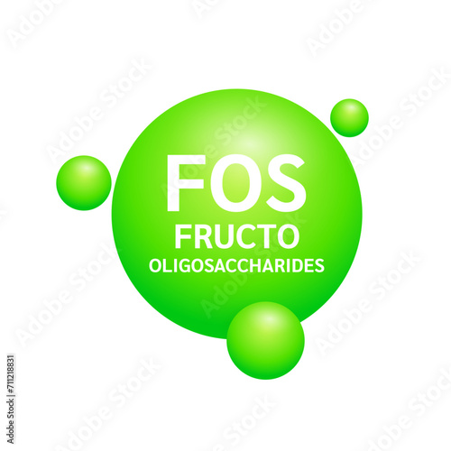 Fructo oligosaccharides FOS, Oligofructose or Oligofructan. Green prebiotics from natural fruits vegetables. Probiotic Fiber Beta carotene. Nutrients essential for intestine. Health care. Vector.