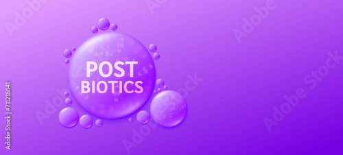 Postbiotics purple drop water. From Probiotics and Prebiotics. Good bacterial flora for stomach and intestine. Create balance for the gut. Health care nutrition. Banner empty space for text. Vector.