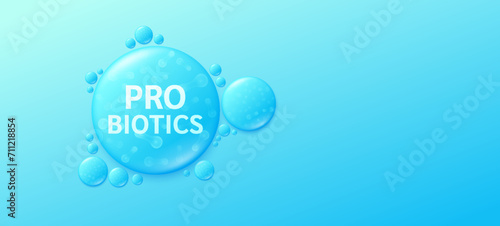 Probiotics blue drop water. Good bacterial flora for stomach and intestine. Create balance for the gut. Banner for dietary supplements healthy nutrition. Health care. Empty space for text. Vector. photo