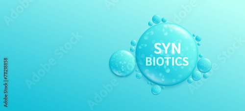 Synbiotics blue drop water. Good bacterial flora for stomach and intestine. Create balance for the gut. Banner for dietary supplements healthy nutrition. Health care. Empty space for text. Vector.