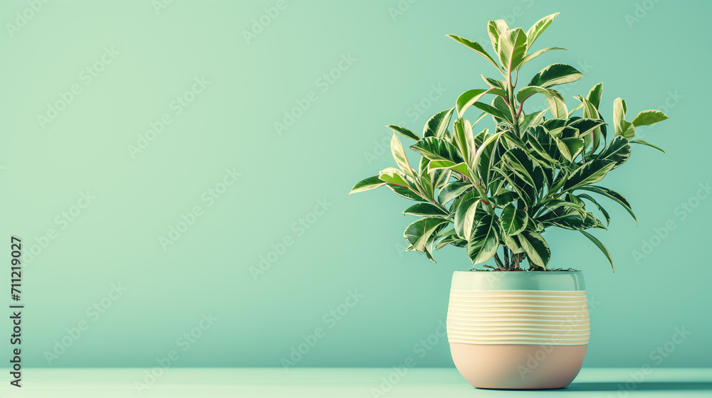 Modern Botanical Style: Variegated Houseplant in a Ribbed Pastel Planter, Isolated on Aqua Background Modern Botanical Style: Variegated Houseplant in a Ribbed Pastel Planter, Isolated on Aqua Background