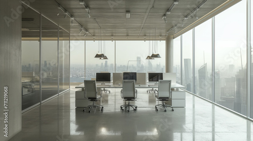 Sleek Corporate Office Space: Modern Workstations with Cityscape View through Floor-to-Ceiling Windows