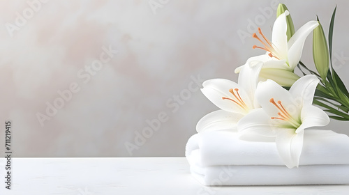 Folded White towels with white lily flower on white table, Beauty spa and Fashion cocept with copy space for mock up product. photo