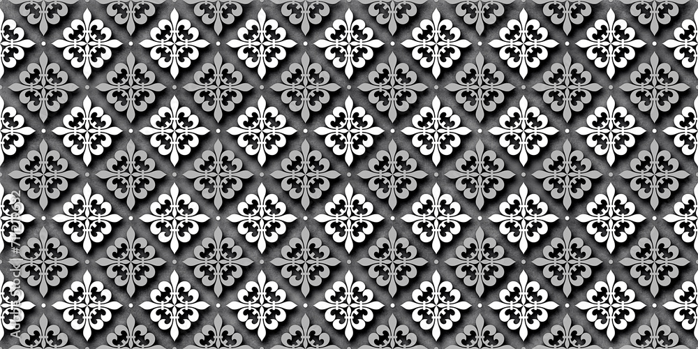 Embossed Black and White floral seamless texture with grey background, Geometric repetitive 3d flower pattern, Ceramic High lighter endless design Embossed Black and White floral seamless texture with grey background, Geometric repetitive 3d flower pattern, Ceramic High lighter endless design