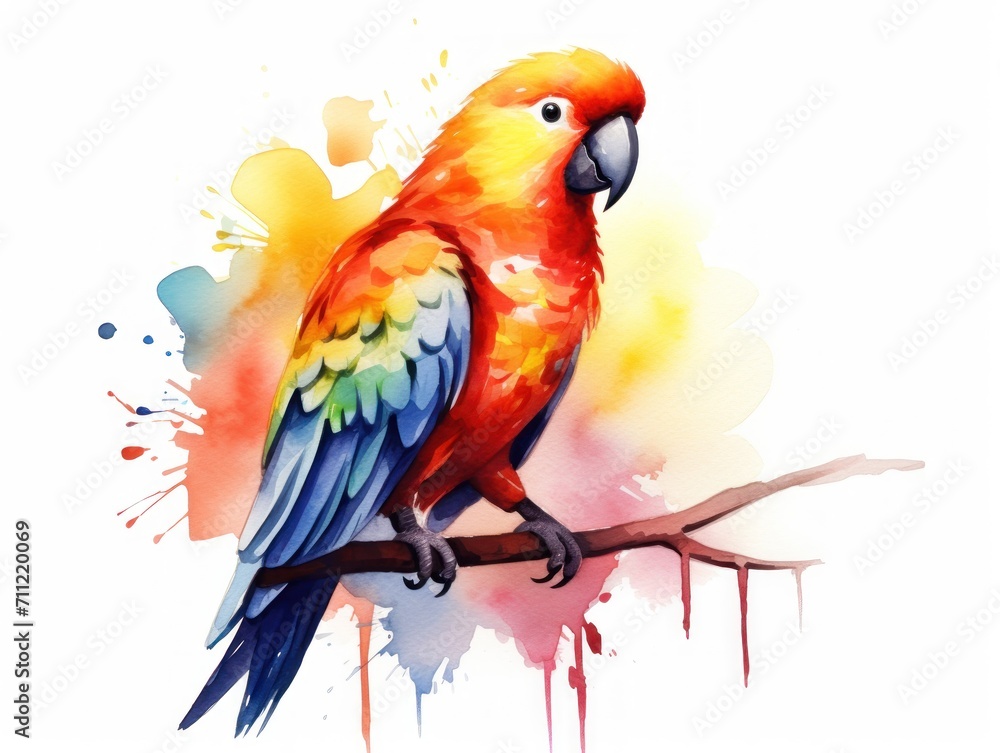 Colorful Parrot Bird on Branch With Paint Splatters. Watercolor illustration.